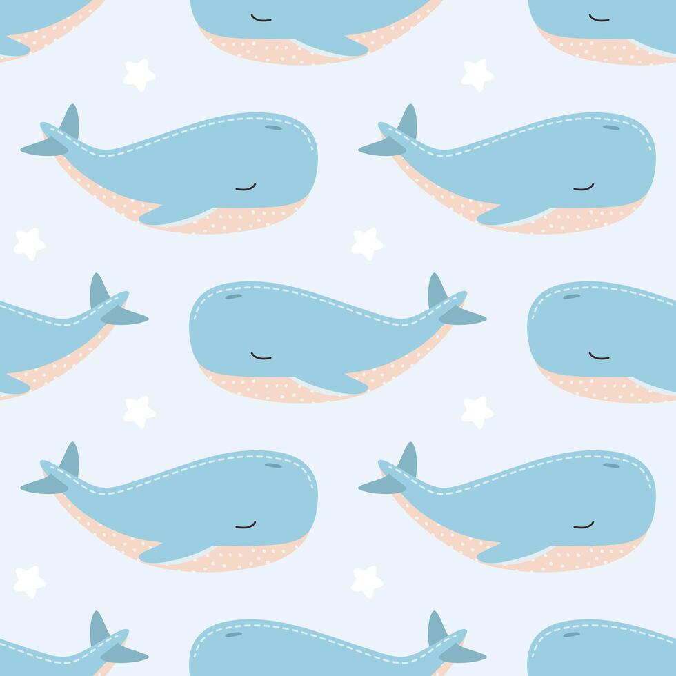 Seamless baby pattern for boys or girls with whales. Charming marine print with blue whale for infants. Ideal for wrapping paper, textiles, nursery decor, and baby shower designs. vector
