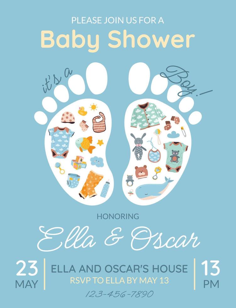 Invitation card for baby shower or birthday party. It's a boy. Vertical postcard template with footprints, baby essentials for boys and text on blue background. Festive card. Cute illustration. vector