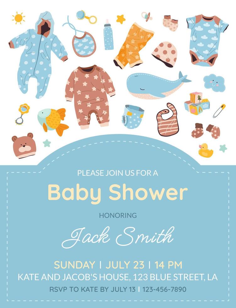 Vertical invitation card for a baby shower, birthday, or gender reveal party. It's a Boy. Isolated postcard template with baby essentials and text on blue background. vector