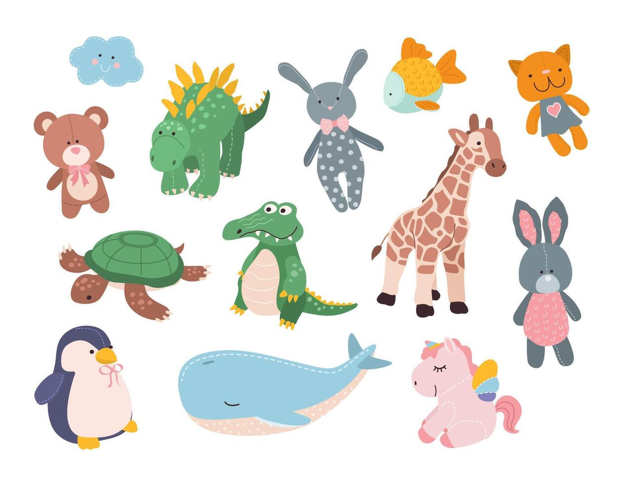 Set of plush toys for infants and kids. Cute animal toys for children. Isolated illustrations on white background. Rabbit, giraffe, turtle, whale, unicorn, cat, teddy bear, crocodile, fish. vector