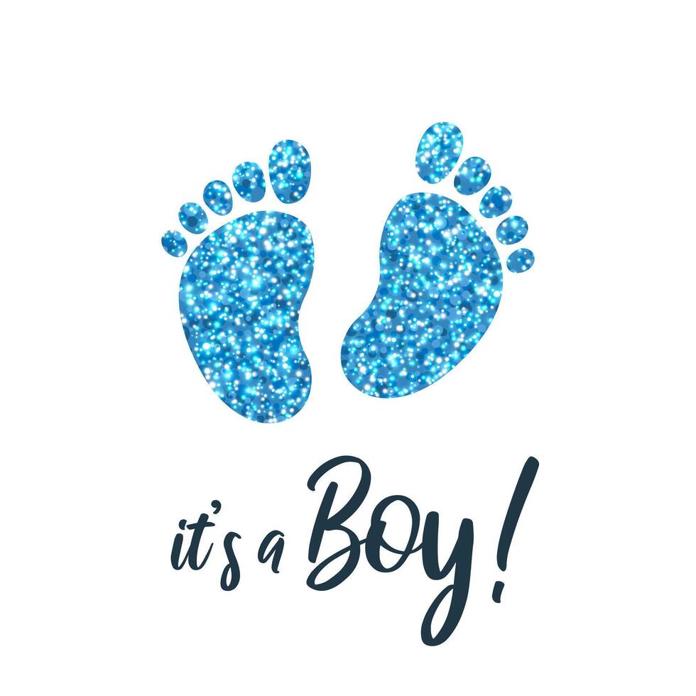 Festive card or print for a baby shower, birthday, or gender reveal party. It's a Boy. Simple postcard template with footprints, blue glitter and text on white background. Square illustration. vector