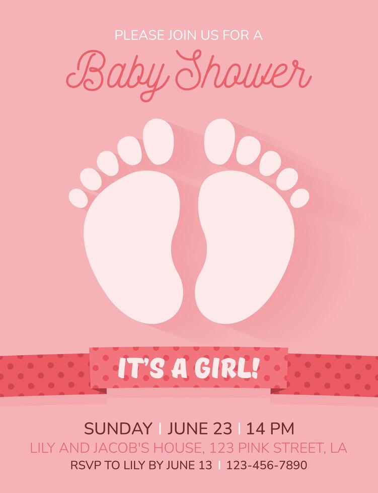 Simple invitation card for a baby shower, birthday, or gender reveal party. It's a Girl. Isolated vertical postcard template with footprints, ribbon and text on pink background. vector