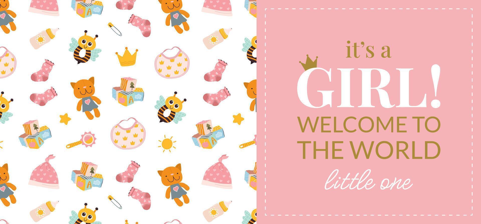 Cute invitation card or flyer for a baby shower, birthday, or gender reveal party. It's a Girl design. Horizontal template with a baby themed pattern and text on pink background. vector