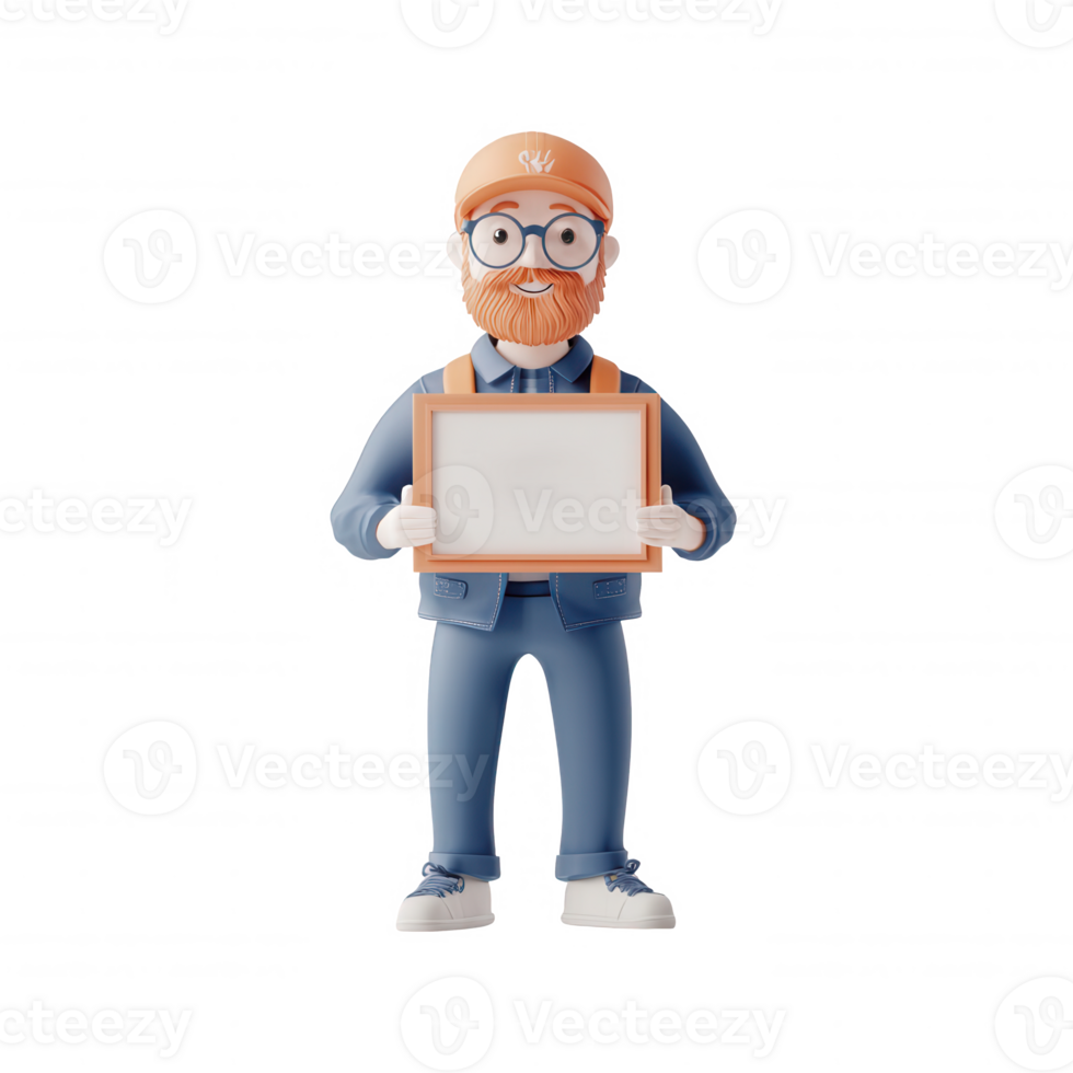 A cheerful character holding a blank frame for customizable message or design. png