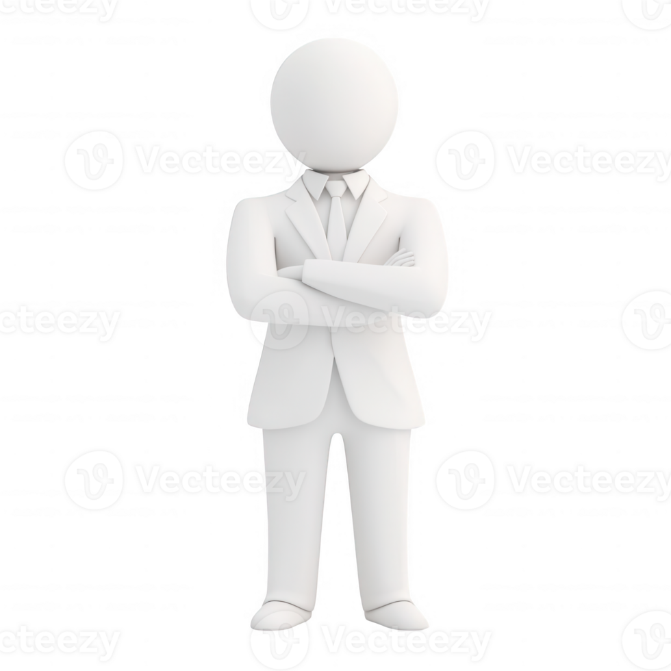 A simple 3D character in a suit with arms crossed, representing confidence and professionalism. png