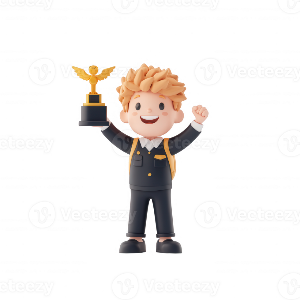 A cheerful character celebrating achievement with a trophy in hand. png