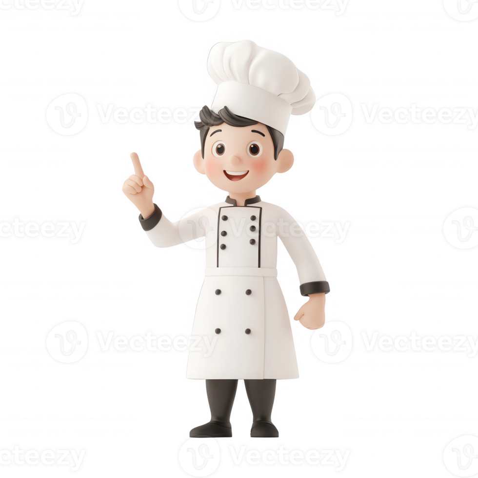 A cheerful chef character wearing a traditional white uniform and hat, pointing. png