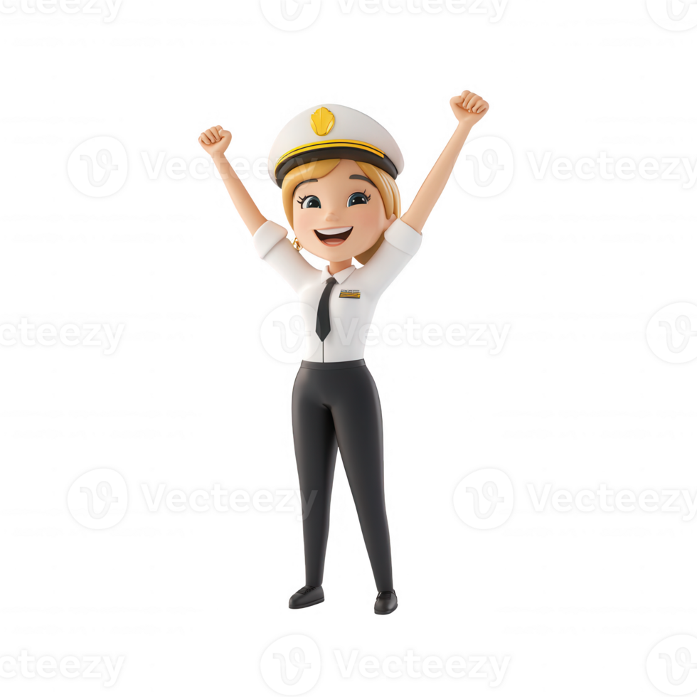 A cheerful pilot celebrating success with raised arms in a friendly animated style. png