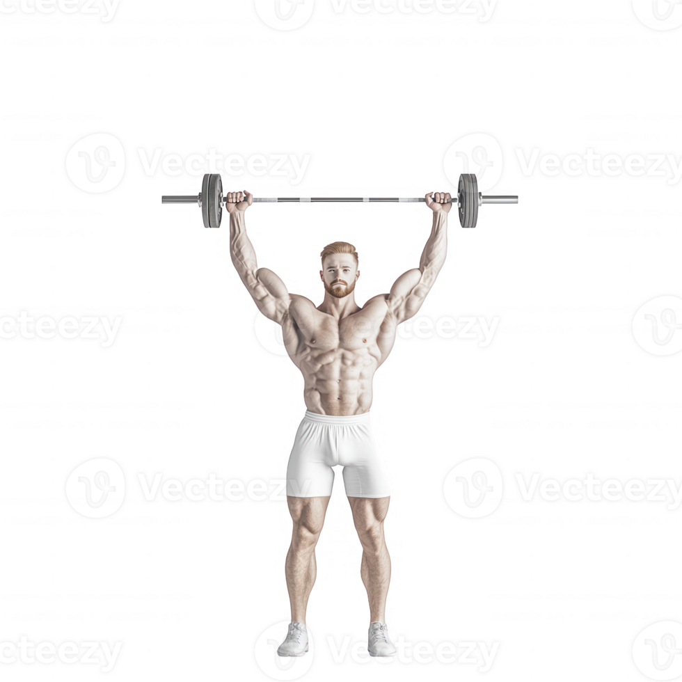Muscular man lifting a barbell overhead, showcasing strength and fitness. png