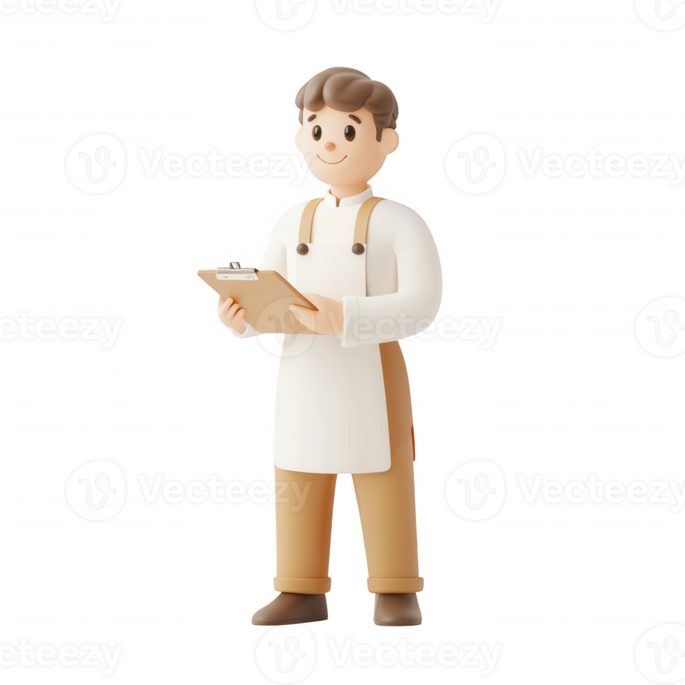 A cheerful character in an apron holding a clipboard, ready to assist. png