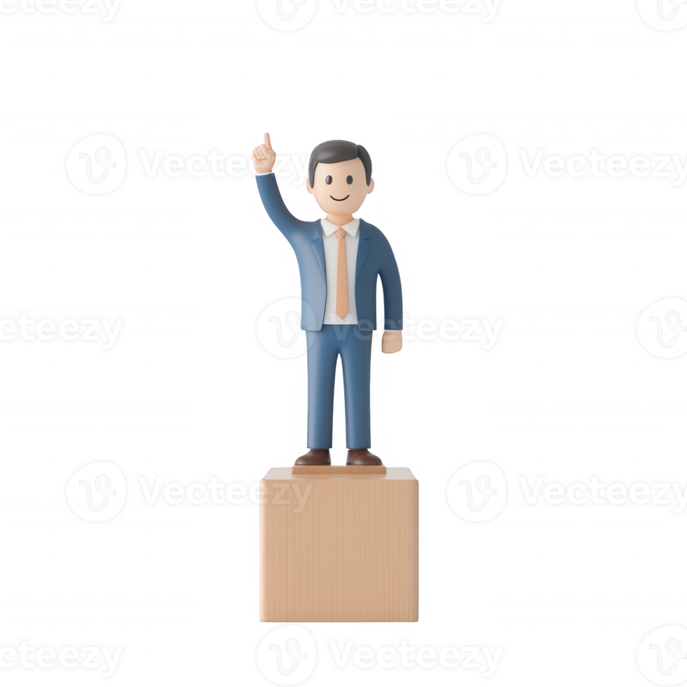A confident businessman stands on a pedestal with a raised thumb. png