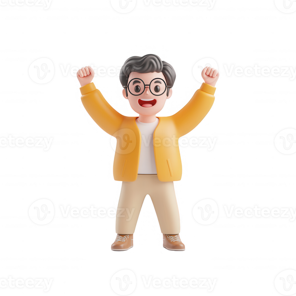 A joyful cartoon character celebrating with raised fists and a big smile. png