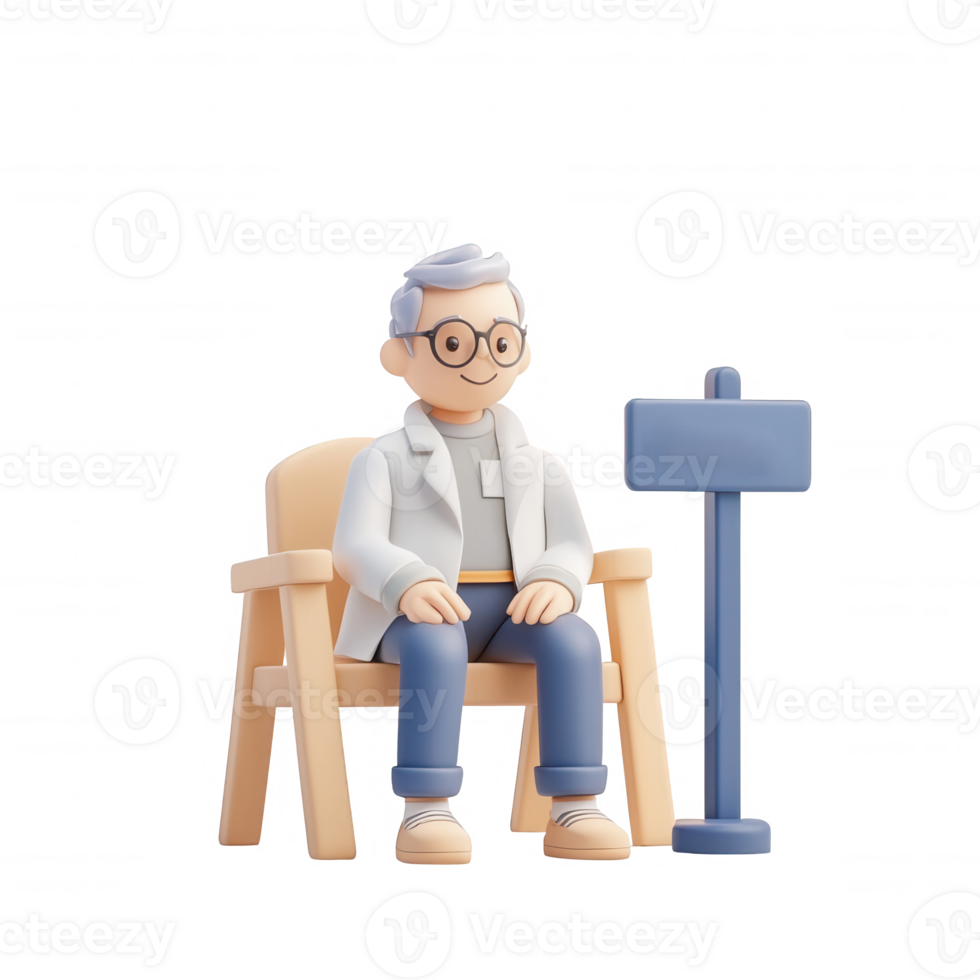 A calm elderly man sitting on a chair, reflecting wisdom and knowledge. png