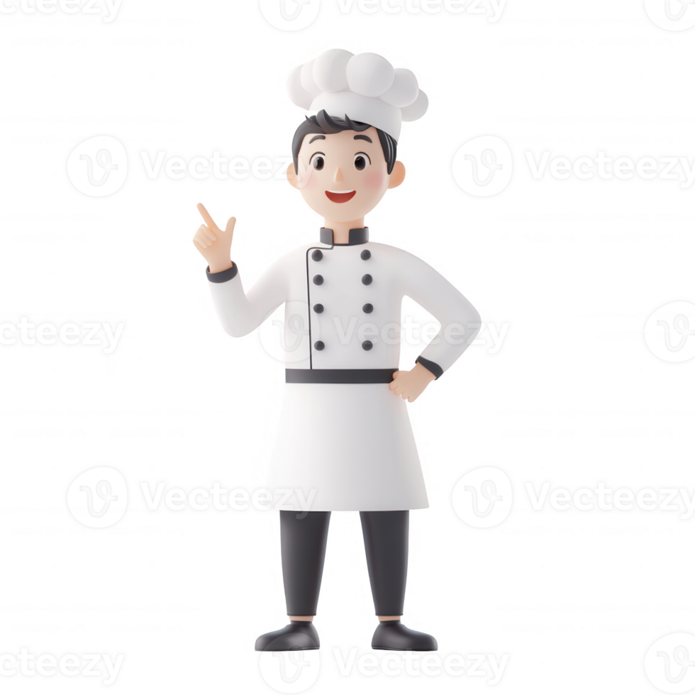 A cheerful cartoon chef gesturing with a welcoming smile in a kitchen setting. png