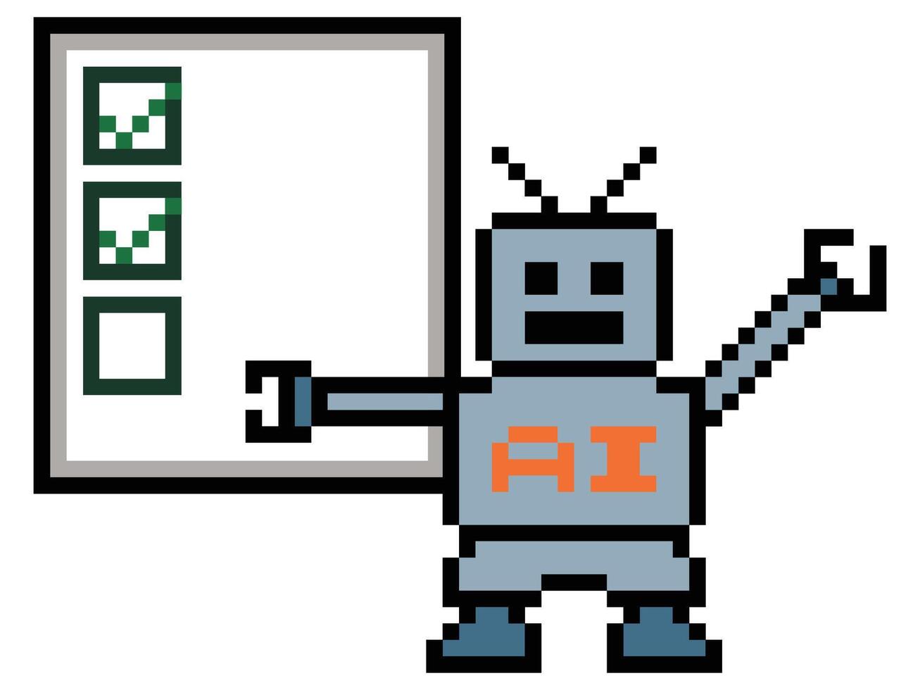 Robot chat bot 8 bit cartoon AI robot check list generative tools to increase productivity pixel art. vector