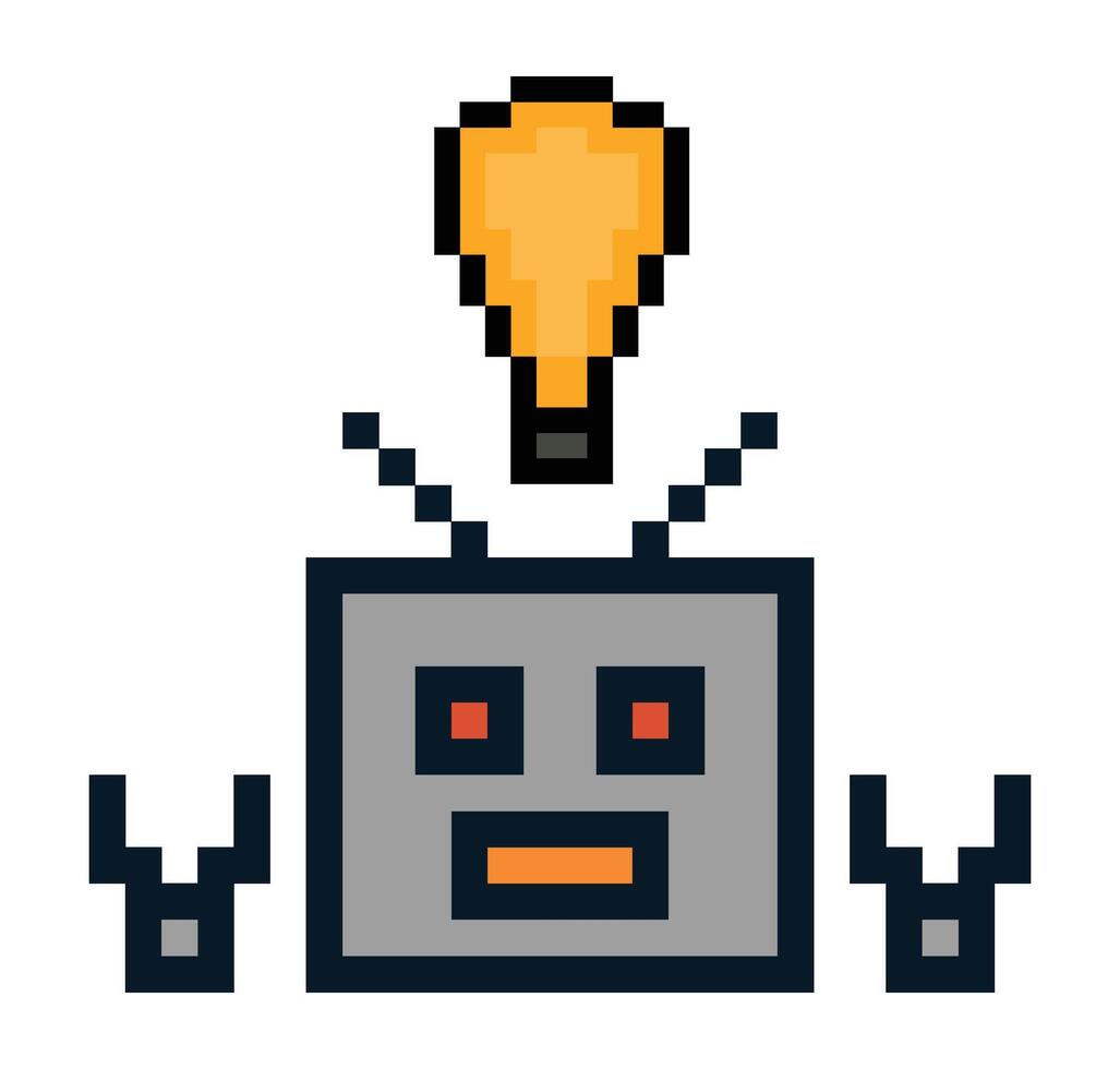 Robot chat bot character 8bit cartoon AI robot check list generative tools idea think pixel art. vector