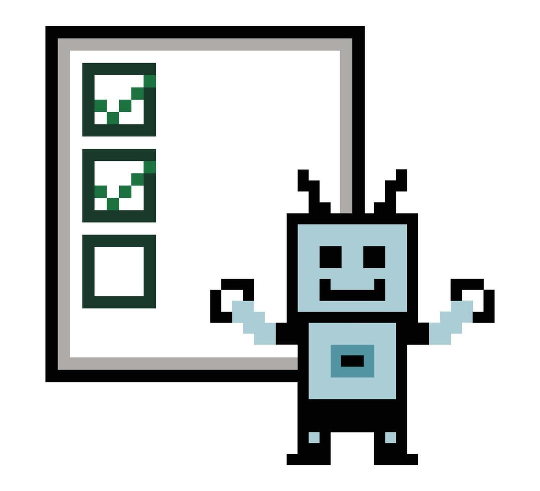 Character concept AI robot check list generative tools to increase productivity robot chat bot 8 bit cartoon pixel art. vector