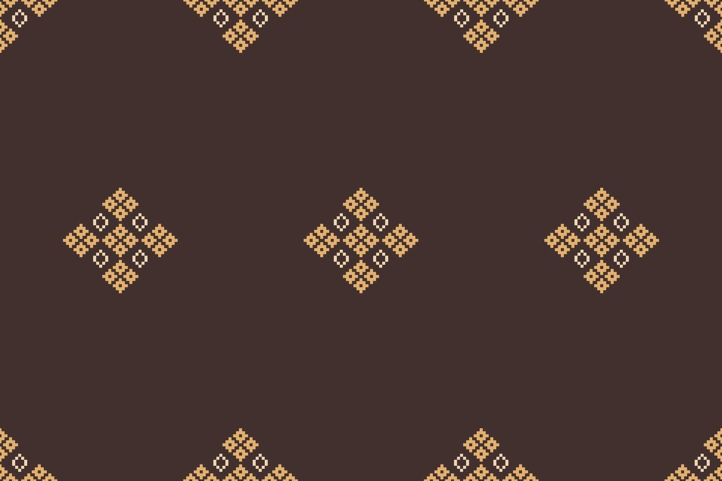 Ethnic geometric pattern pixel decoration art design fabric pattern brown background color cross stitch. vector