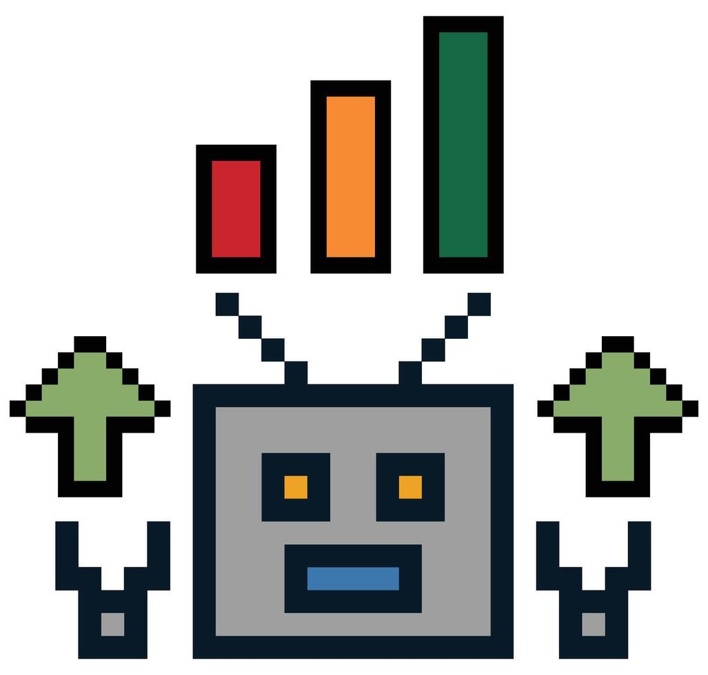 Pixel art cartoon 8bit character robot or AI to learn or learning skill talk calculate bot technology. vector