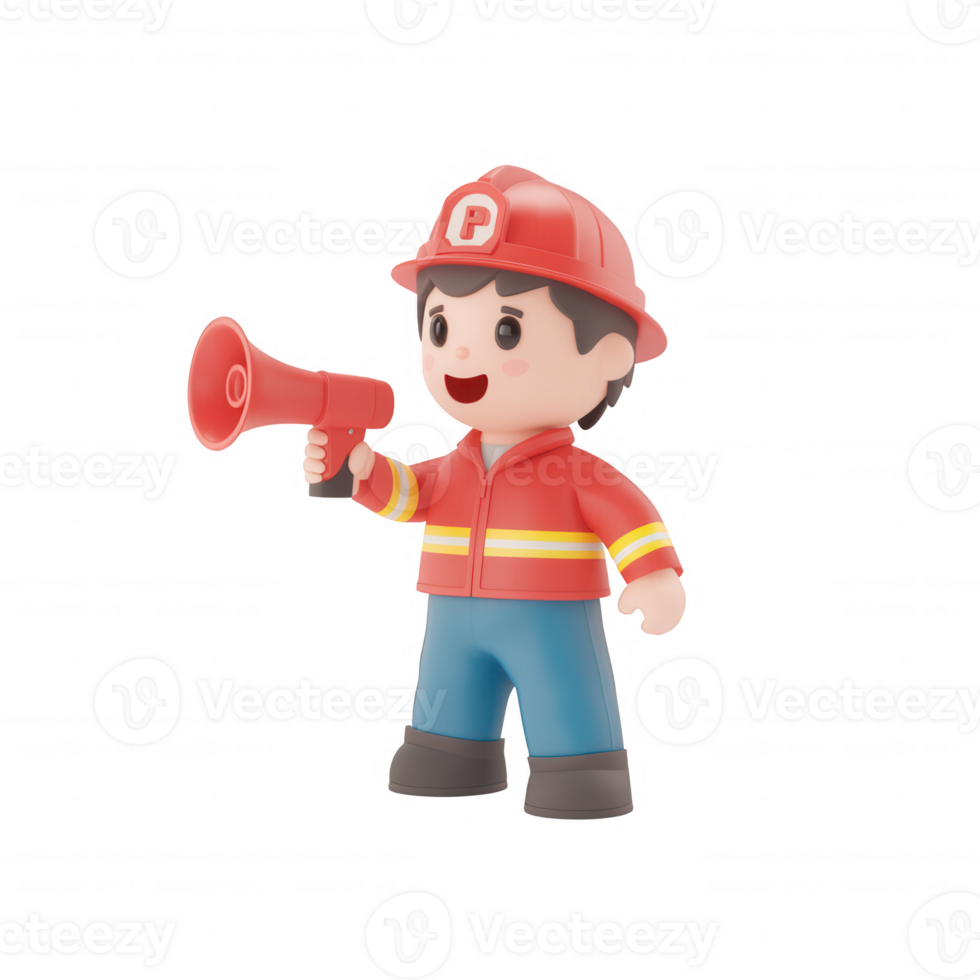 A cartoon firefighter character using a megaphone to communicate effectively. png
