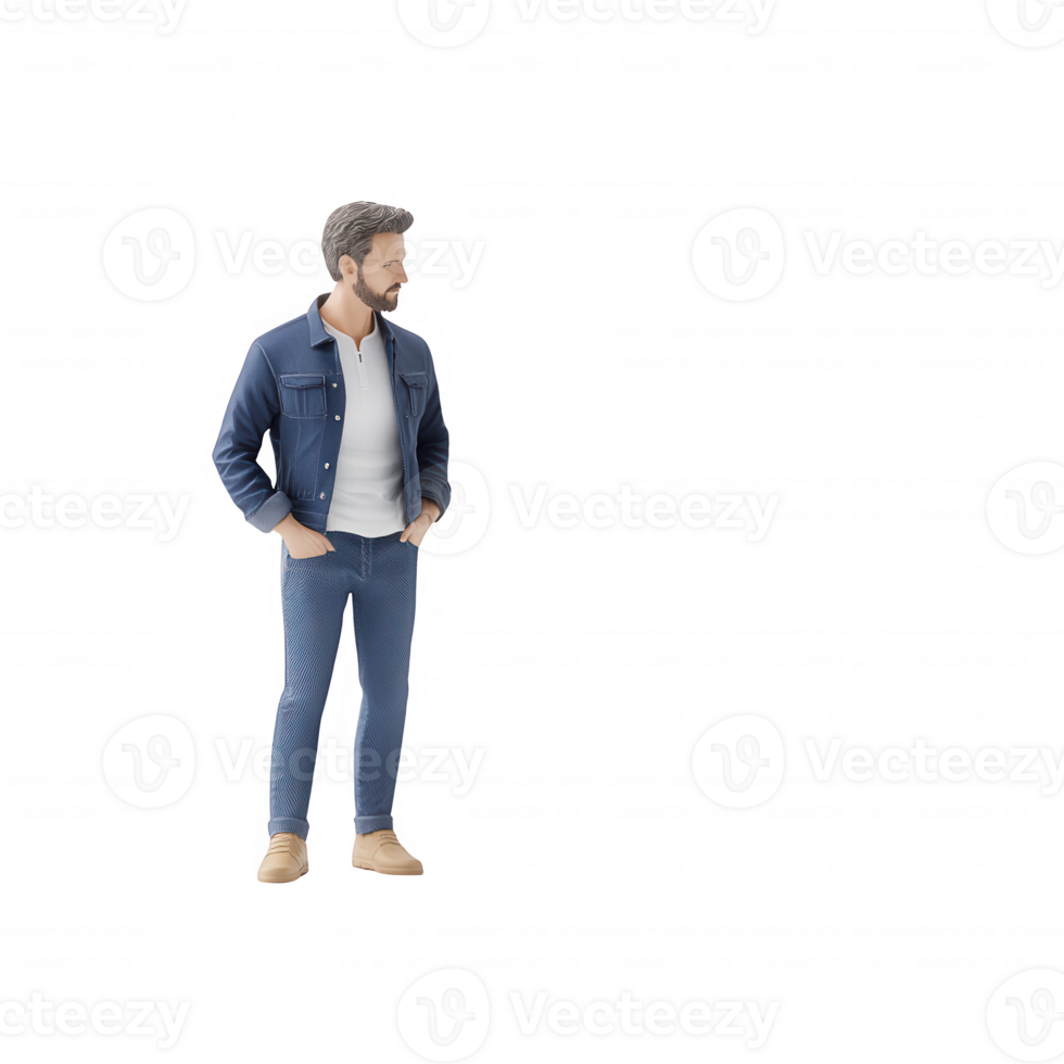 Stylish man in casual denim attire standing confidently with hands in pockets. png