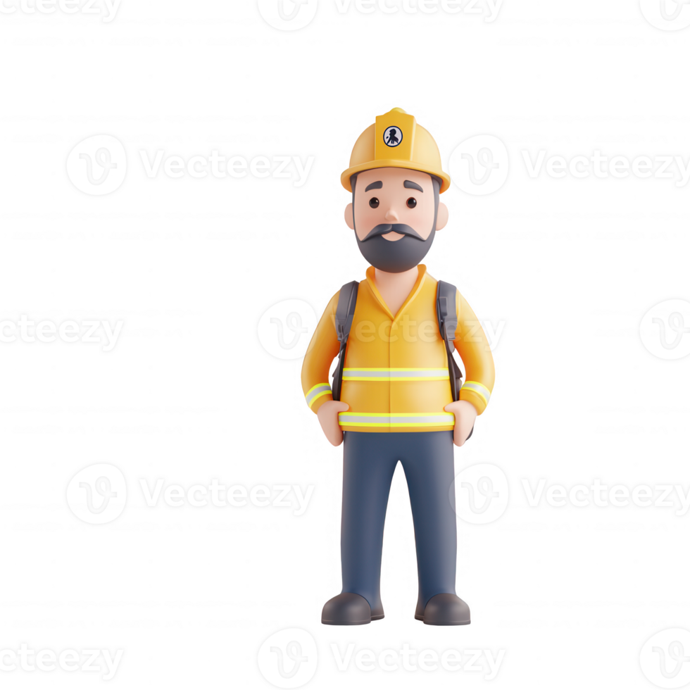 A cartoon construction worker stands confidently in safety gear and helmet. png