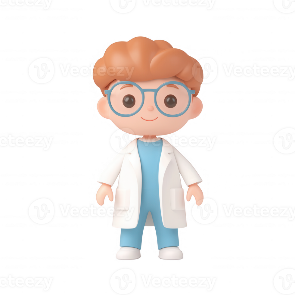 Cute cartoon scientist character in lab coat with glasses for educational themes. png