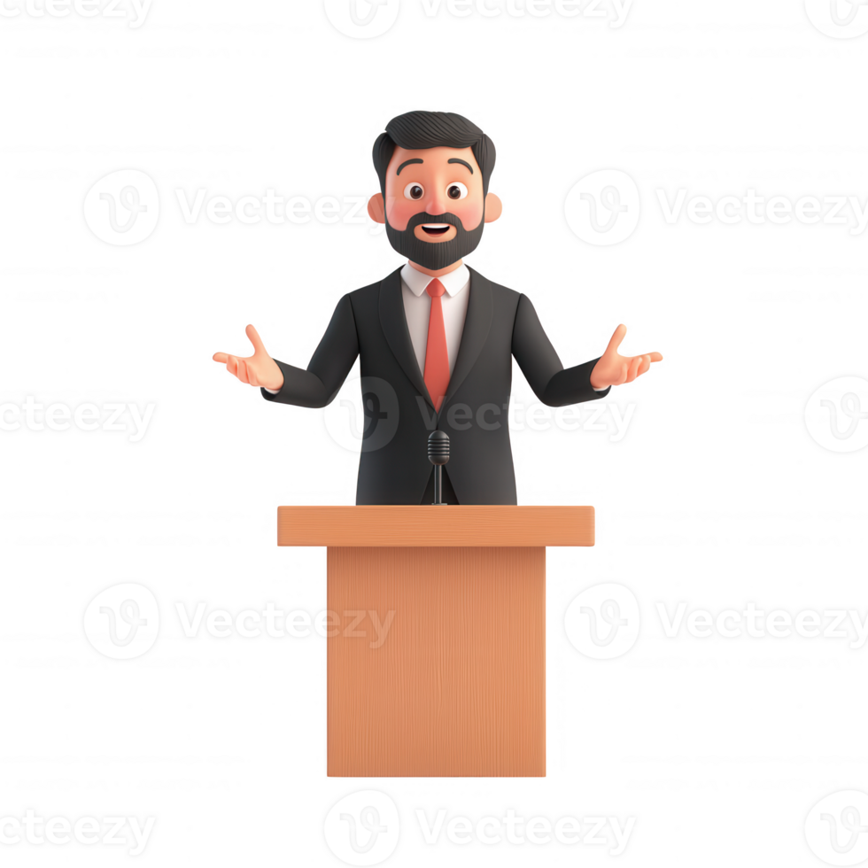 A confident speaker presenting ideas at a podium in a professional setting. png