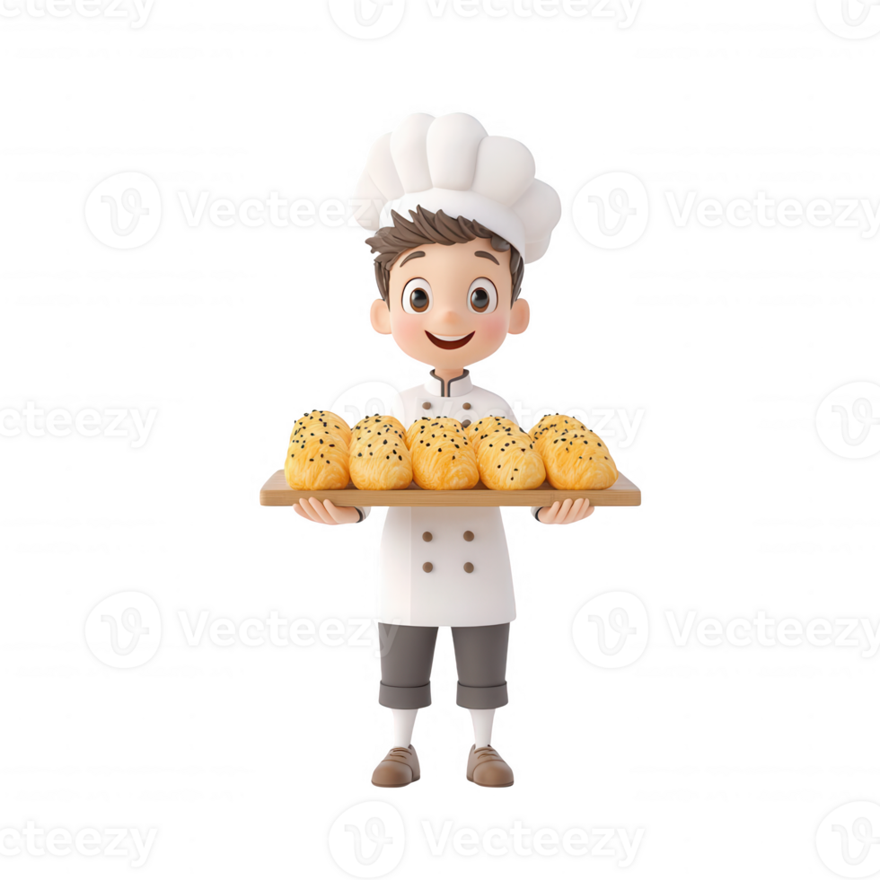 Cheerful young chef holding a tray of fresh baked bread rolls with a warm smile. png