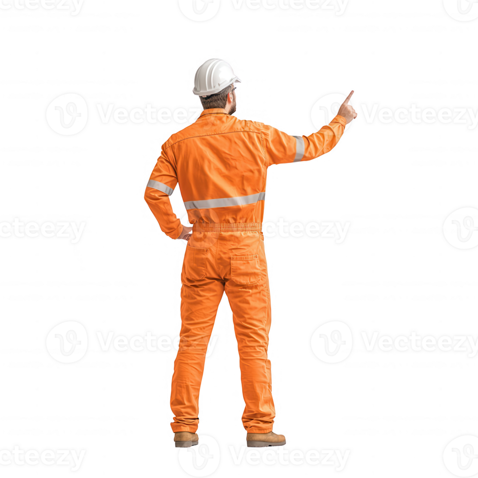 A construction worker in an orange jumpsuit points towards future project plans. png