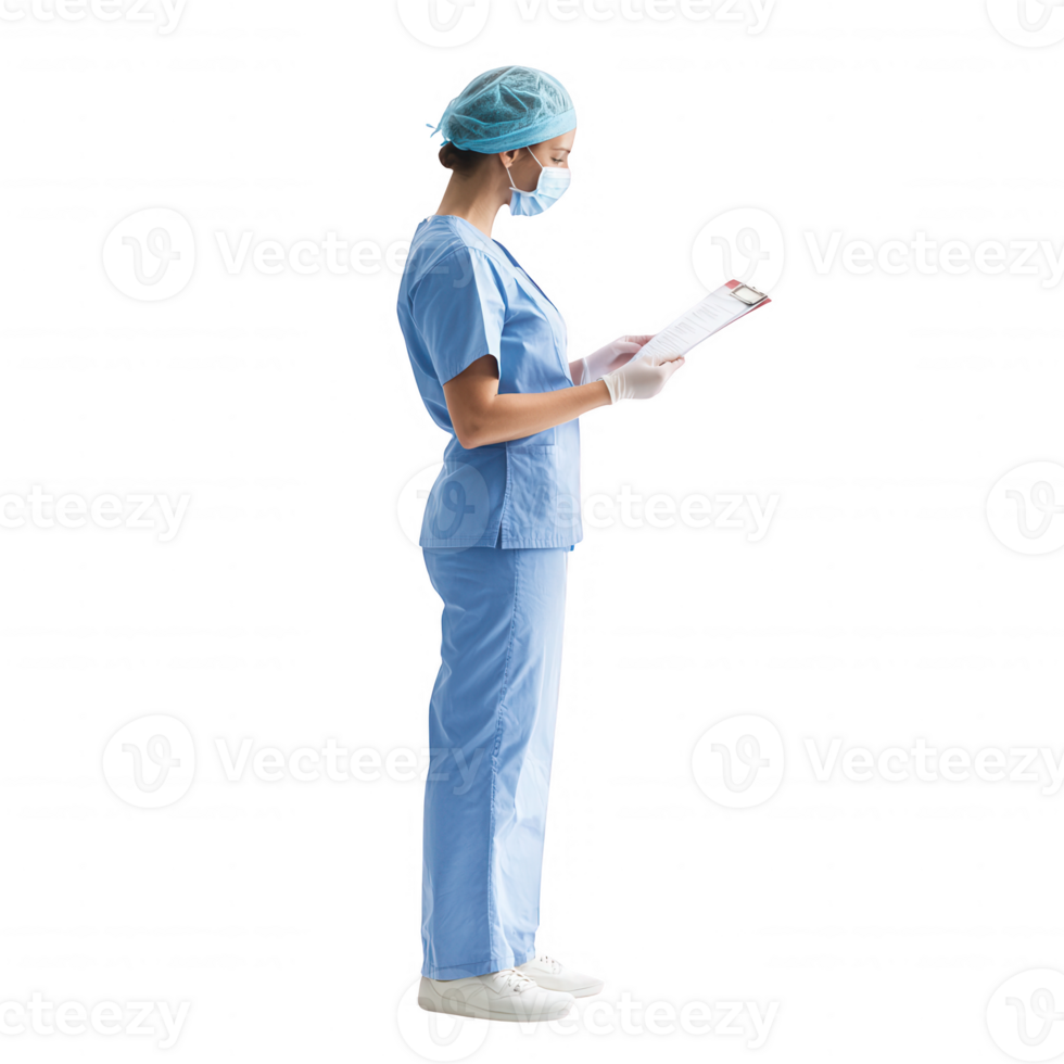 Medical professional reviewing patient notes in clean, sterile environment. png