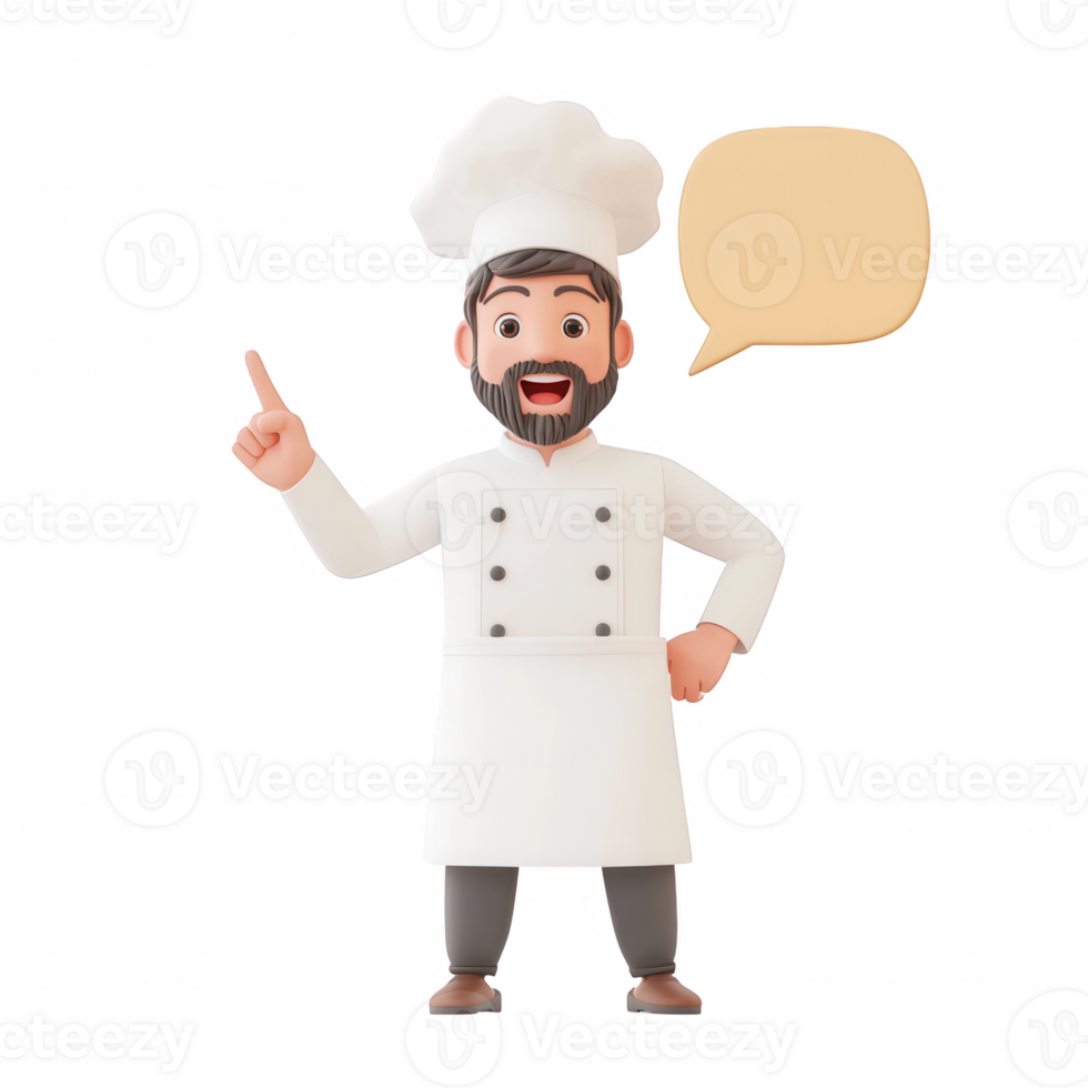 A cheerful chef character in white uniform with a speech bubble for customizable messages. png