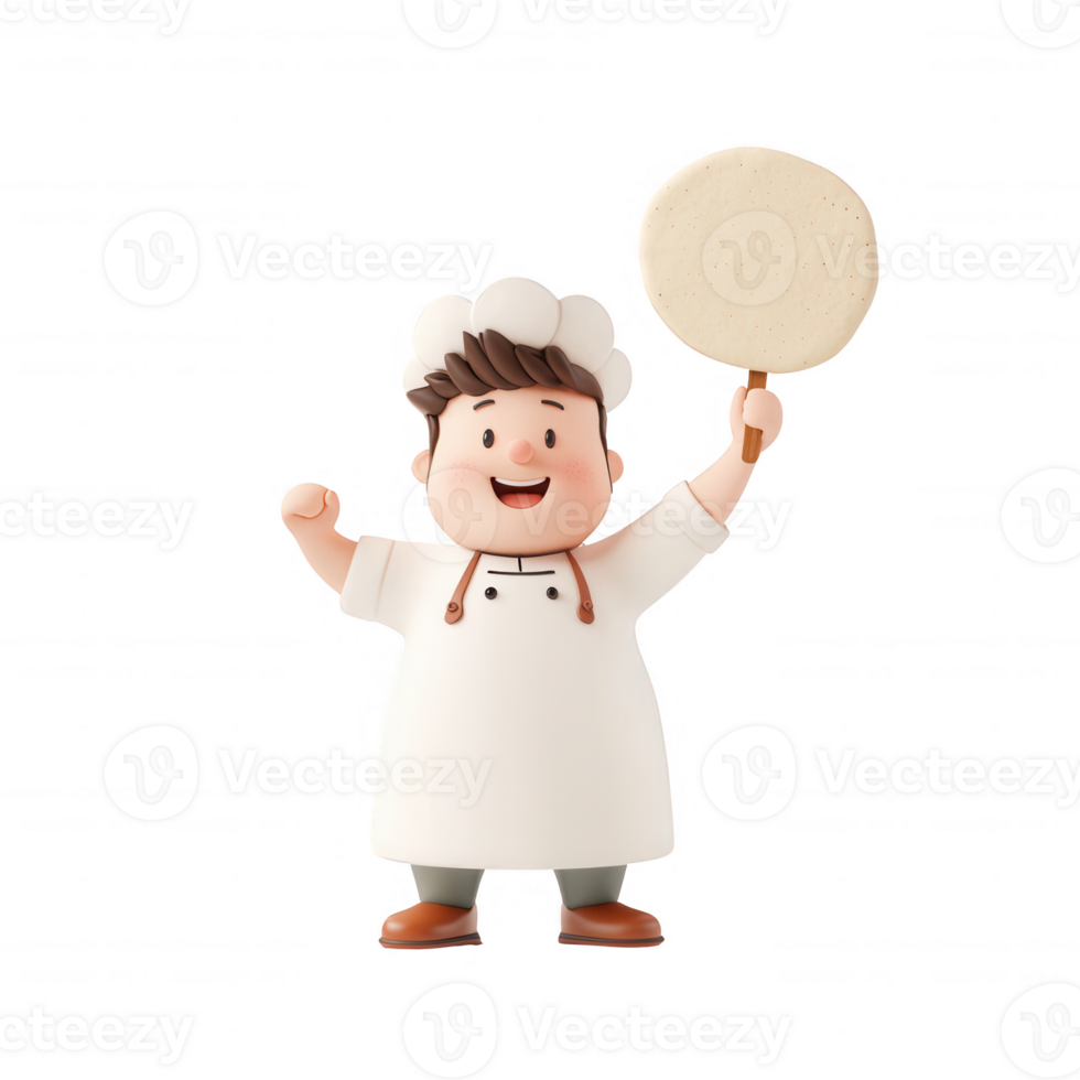 Cheerful chef holding pizza dough, ready to create delicious culinary masterpieces. png
