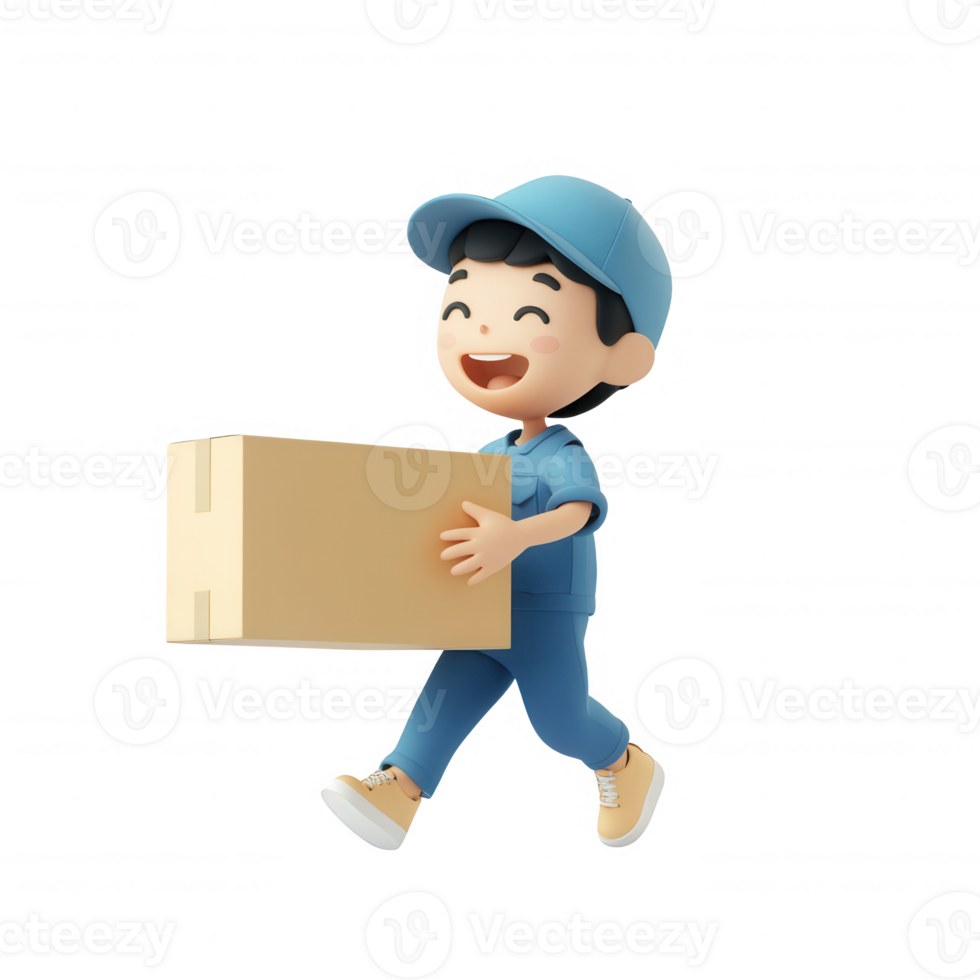A cheerful character happily carrying a cardboard box, symbolizing delivery and joy. png