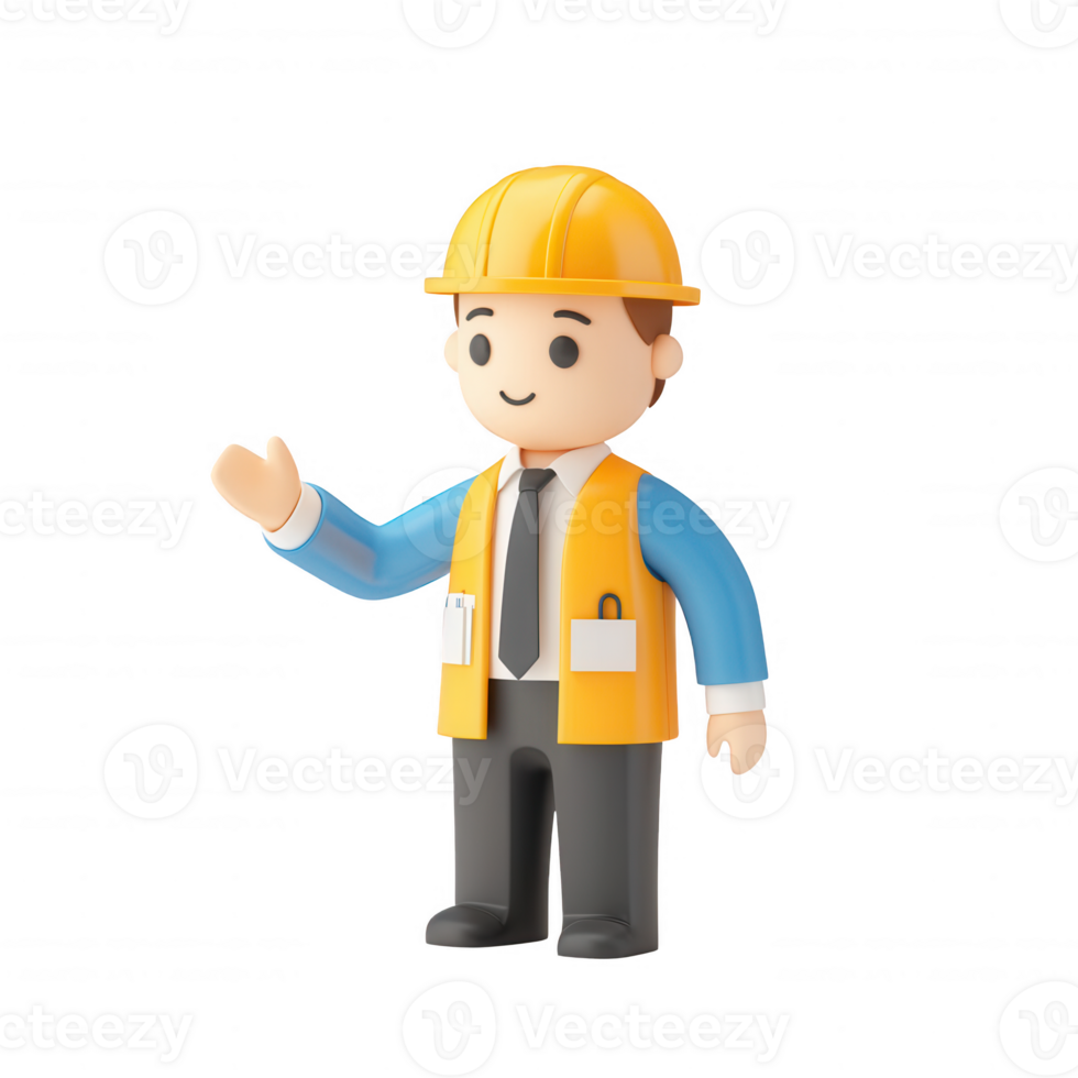 A cheerful cartoon construction worker waving in safety gear, symbolizing teamwork. png