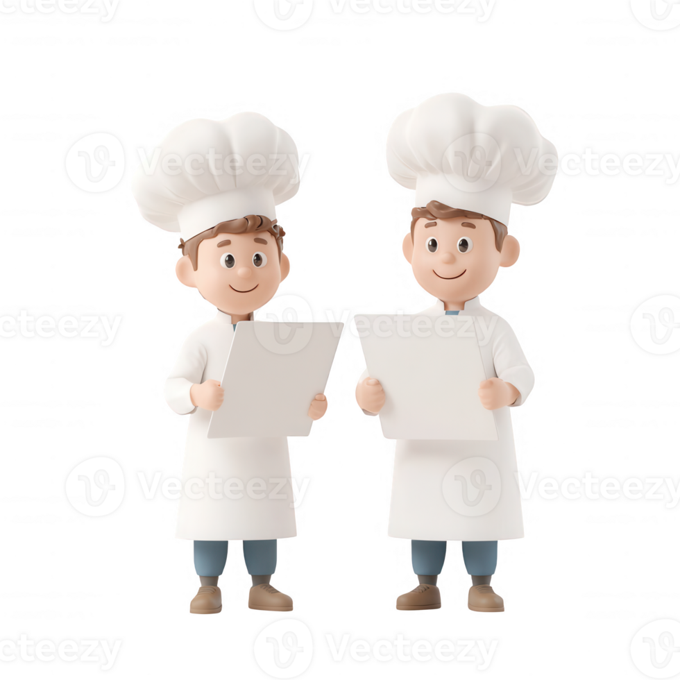 Two cheerful chefs examining their recipe notes with enthusiasm and creativity. png