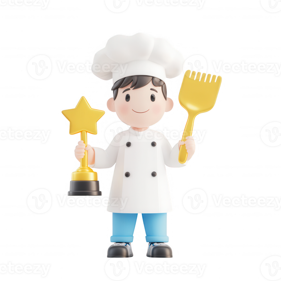 A cheerful chef holding a trophy and spatula, symbolizing culinary success. png