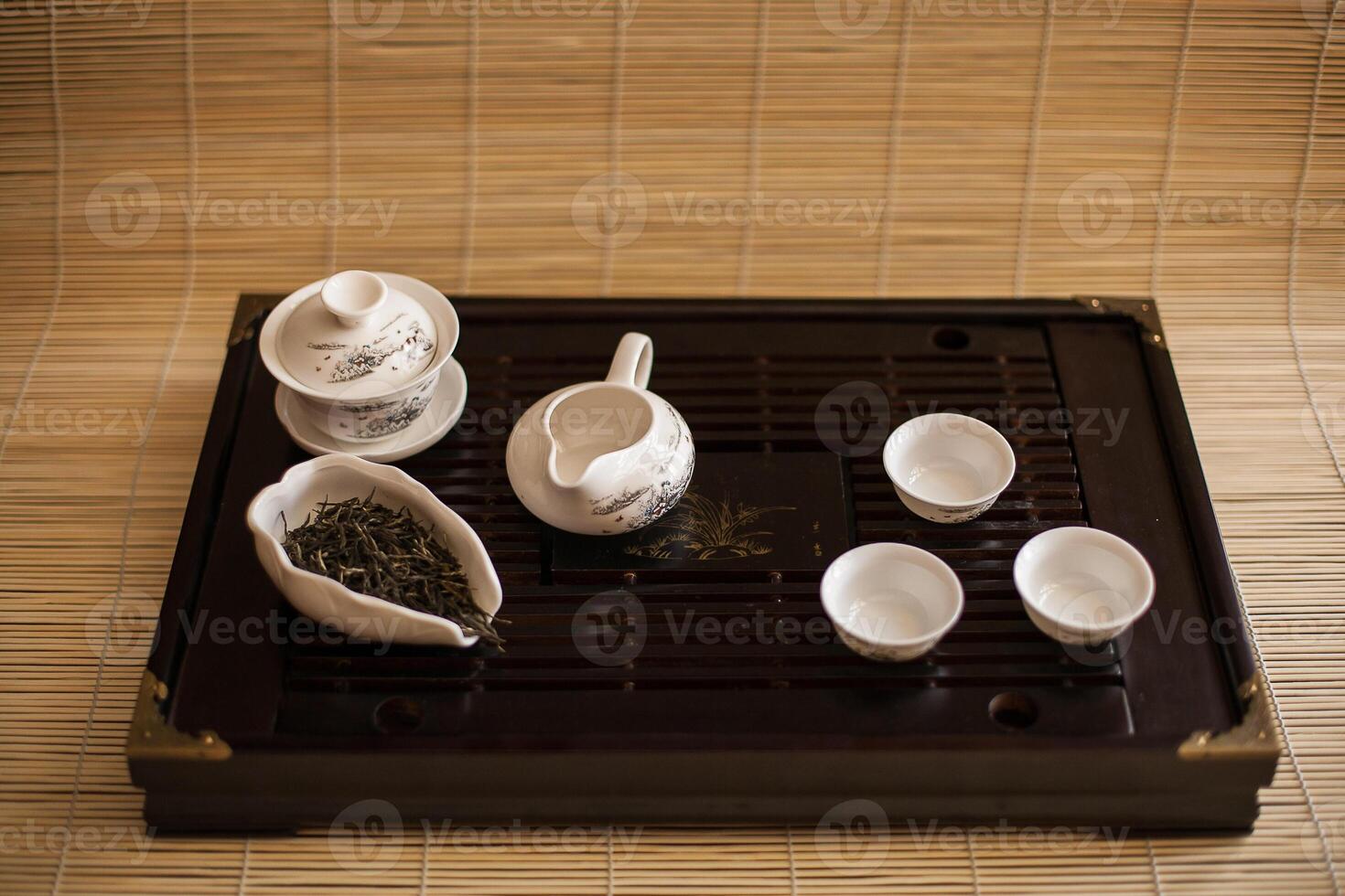 A tray with tea cups and a bowl on it photo