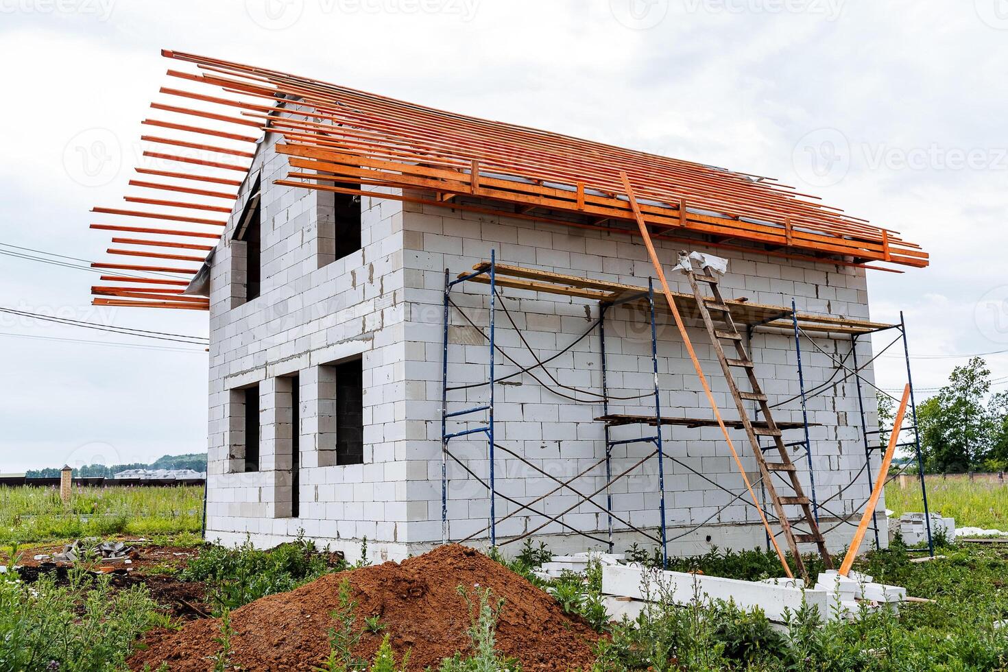 A house under construction with scaffolding and a ladder photo