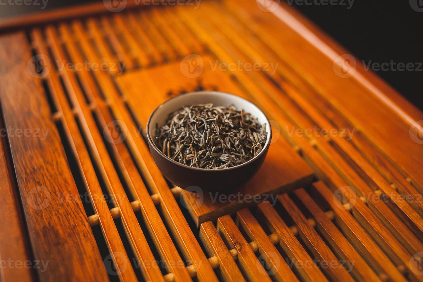A bowl of tea on a wooden tray photo