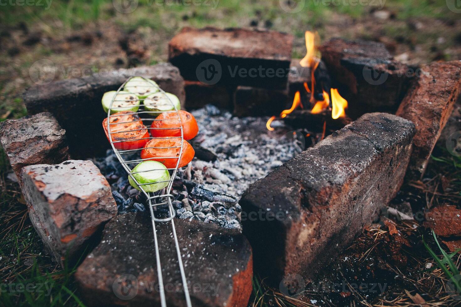 A grill with vegetables on skewers sitting on top of a fire photo