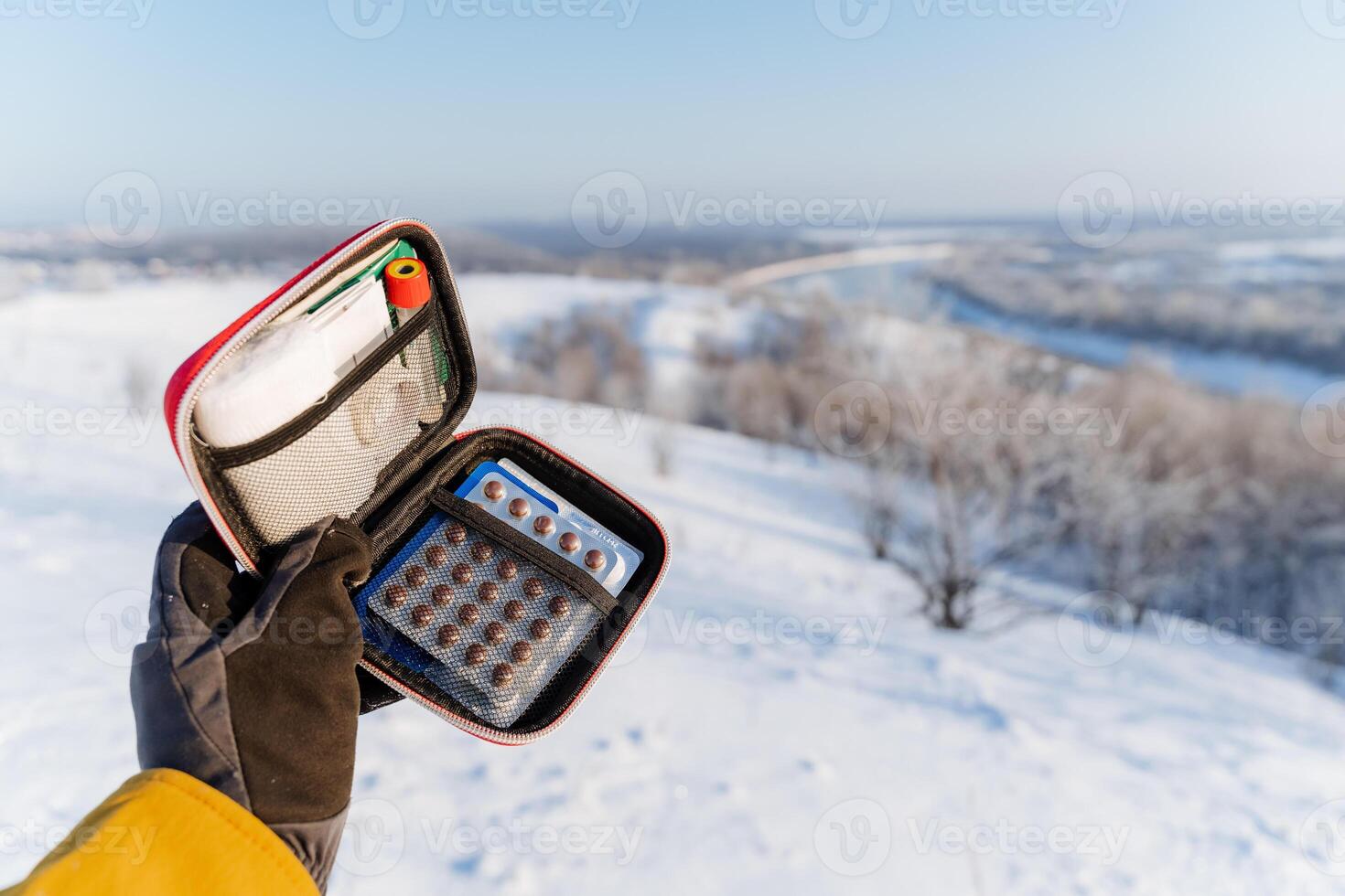 A person holding a bag with a cell phone and a pair of gloves photo