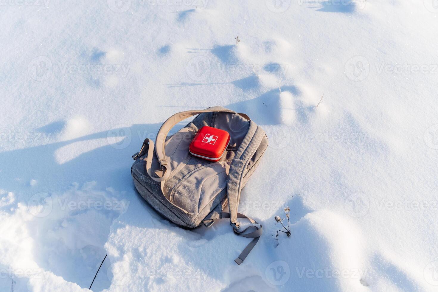 An empty backpack on the snow covered ground photo