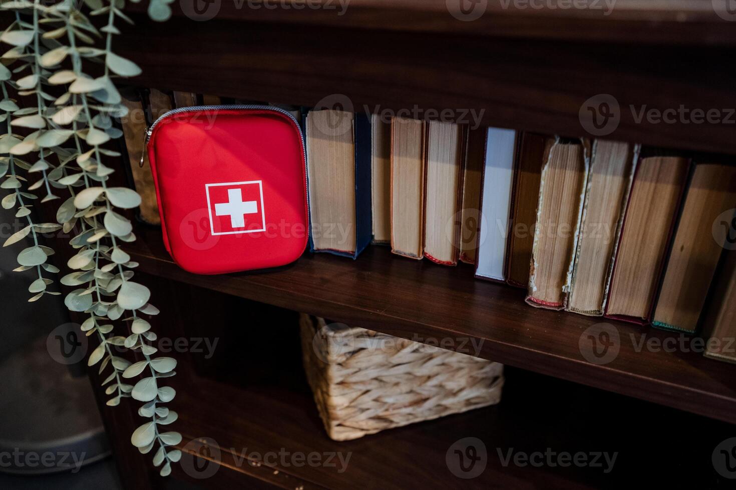 A red first aid kit sits on a shelf next to books photo