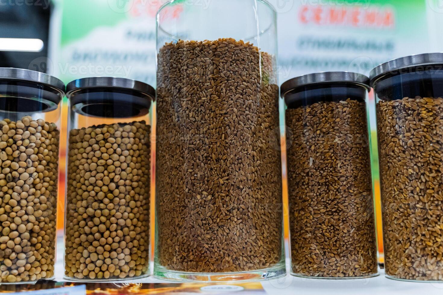 A group of jars with different types of fish food photo