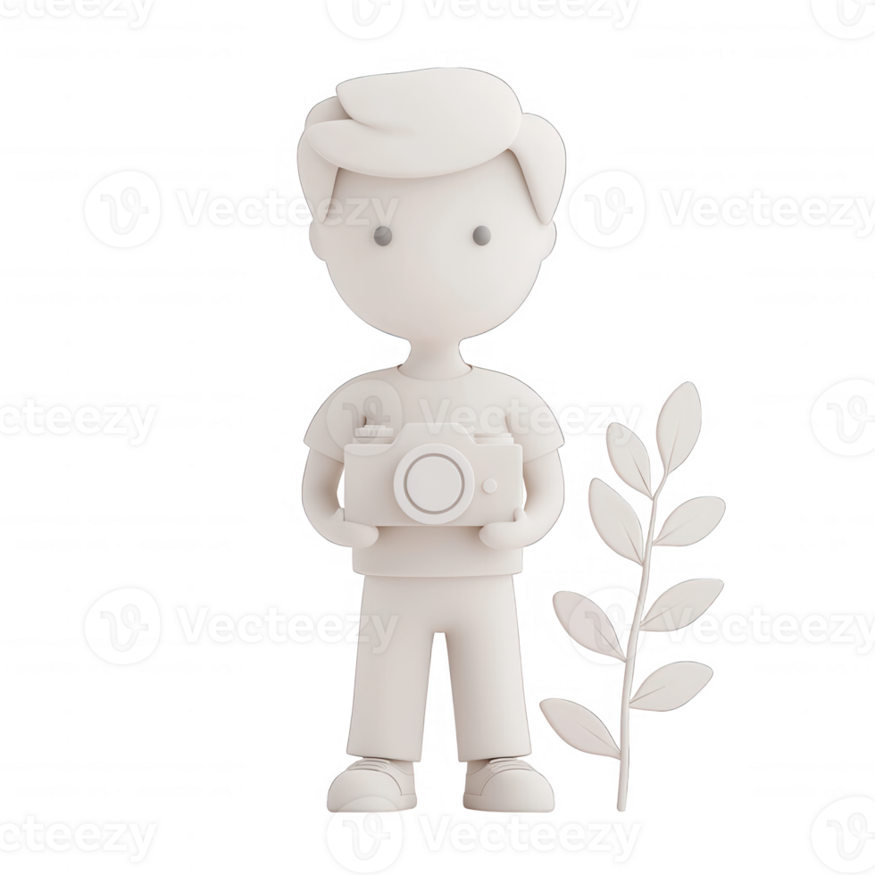 A minimalist character holding a camera and a plant, symbolizing creativity and nature. png