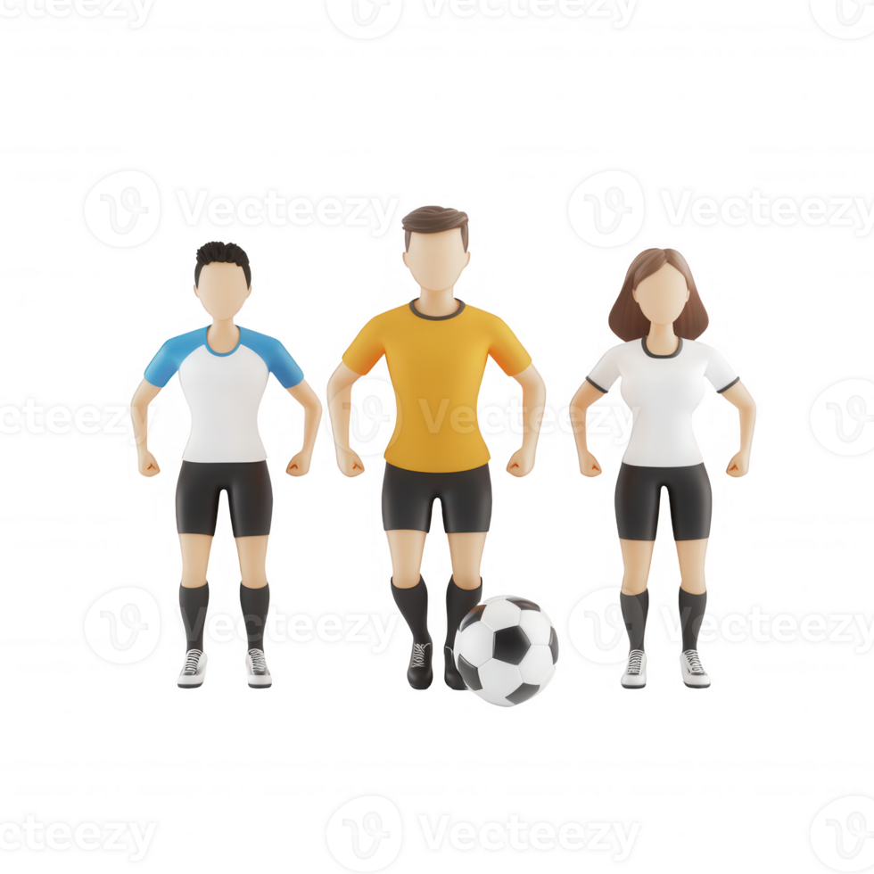 Three diverse soccer players ready to engage in a match with a soccer ball. png