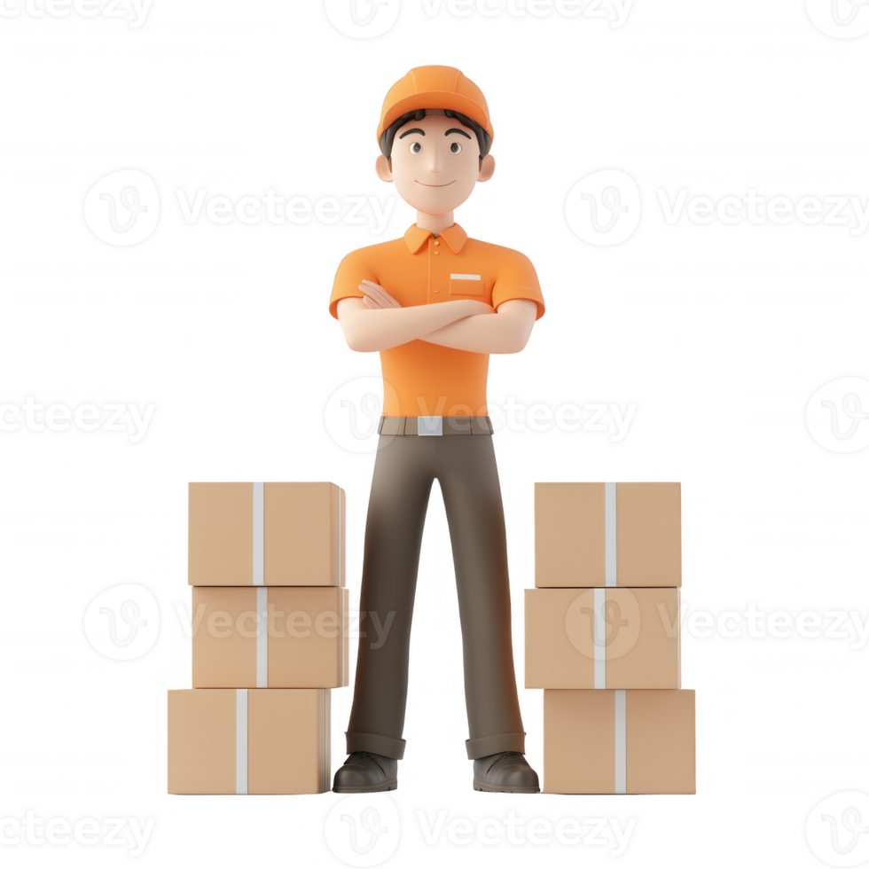 A confident delivery worker standing with stacked boxes, ready for logistics tasks. png