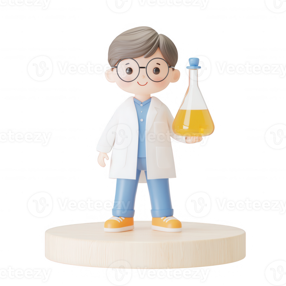 A cartoon scientist character holds a flask with yellow liquid, symbolizing research. png