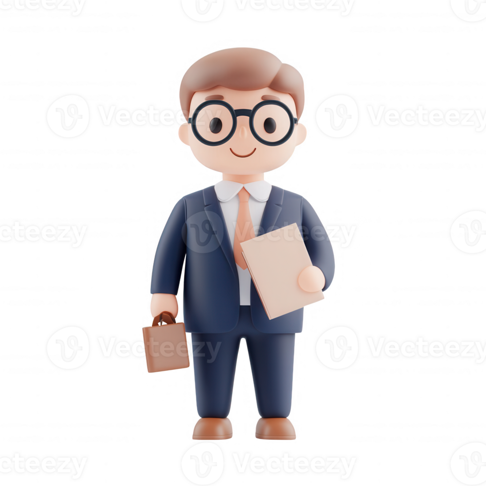 A cartoon businessman holding documents in a professional suit and glasses. png